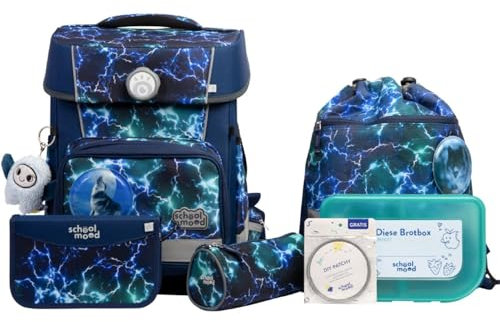 SCHOOL-MOOD Champion Pro Felix Wolf Schulranzenset 7-teilig 21,5L Stauraum, ergonomisches Easy Fit System für 1 m bis 1,50 m Körpergröße, standfest, wasserabweisender Stoff mit Reflektoren