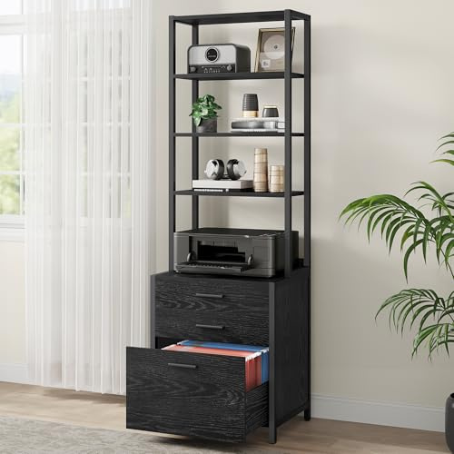 VASAGLE 3-Drawer Filing Cabinet, File Cabinet for Home Office, with Height-Adjustable Open Shelves, for A4, Letter-Size Hanging File Folders, Steel Frame, Ebony Black OFC078B16