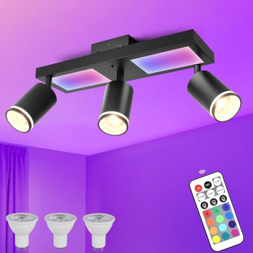YindaLux Deckenstrahler LED Dimmbar mit Fernbedienung, RGB Farbwechsel 25W 2850LM Deckenlampe Strahler Schwenkbar, Schwarz Deckenleuchte 3 Flammig mit Unteres Glühen 10W+3x5W GU10 Spot für Wohnzimmer