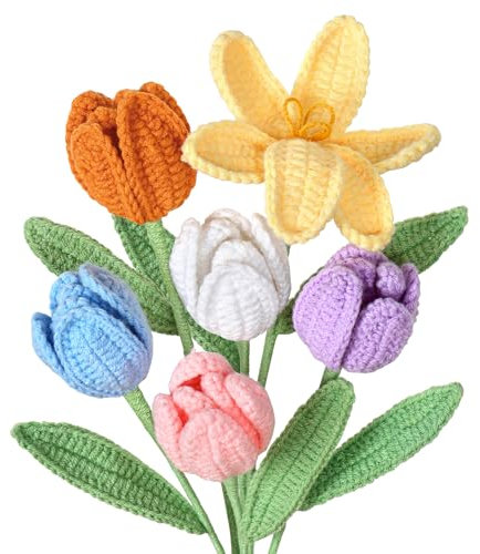 UXORSN 6 Pezzi Bouquet di Tulipani Uncinetto Fiore All'uncinetto Realizzato a Mano Fiori Artificiali Multicolore Finiti Tulipano Uncinetto Tulip Fiori Regalo per Mamma Compleanno Matrimonio Ufficio