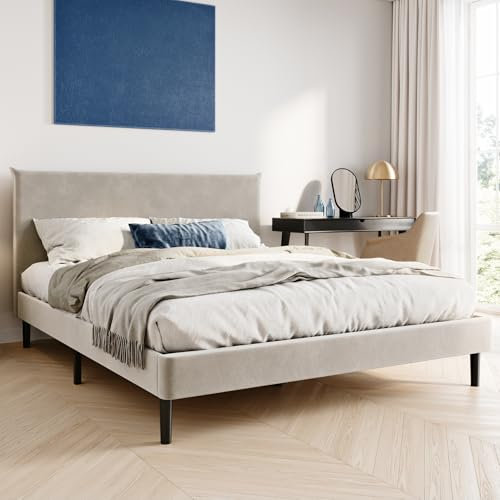 Home Collective Bett 160x200 und 160x200 cm Polsterbett mit Lattenrost Bettgestell Doppelbett mit weichem Samtbezug und gepolstertem Kopfteil Robustes Gestell hoher Liegekomfort Beige 160x200 cm