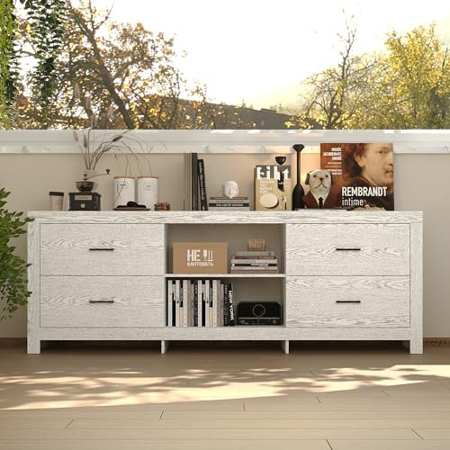 PREMTURE TV-Lowboard,Lowboard, TV-Schrank für Fernseher bis zu 75“, Unterhaltungszentrum aus Holz mit 4 Schubladen Moderne TV-Konsole mit Holzmaserung Wohnzimmer, weiß,180 × 40 x 65 cm