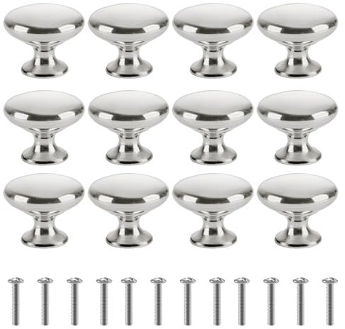 4pcs/12pcs Silver Cabinet Door Handles with Screws, Cupboard Door Knobs Polished Chrome Round Mushroom Light Pull Handles, 30mm Modern Hardware Door Knobs for Cupboards, Drawers and Wardrobes (12pcs)
