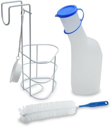 Ensemble urinoir avec support, brosse pour hommes | 1 litre | 3 pièces | urinoir en polypropylène de 1000 ml avec couvercle laiteux, brosse de nettoyage, support de lit/porte-urinoir avec couvercle et