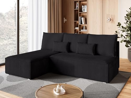 BROMARKT Ecksofa mit Schlaffunktion Sofa l Form Couch mit Bettkasten Wohnzimmer Möbel Cord Schlafsofa Wohnlandschaft Sofa 3 sitzer TOP 200x85x145 cm Schwarz