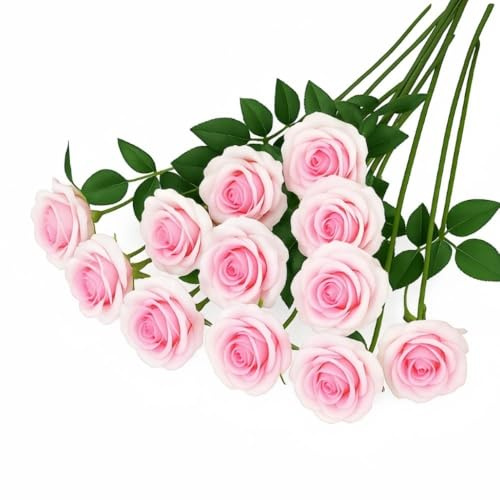 10 Pcs Artificial Roses, Pink Fake Roses Artificial Flowers | with Stems Fake Artificial Pink Roses Silk Flowers, for Home Garden Party Hotel Office Decor