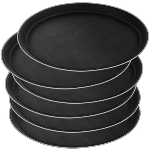 6Pcs Round Serving Trays, 28cm Non-Slip Restaurant Serving Tray Plastic Bar Drink Trays Food Meals Server Tray with Raised Edges for Home Kitchen Cafeterias Party Bar (Black)