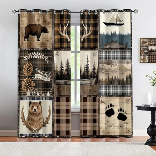 VELOMEA Rustikale Wald & Tier Vorhänge, Bär Hirsch Karo Patchwork Cabin Style, Vintage Lodge Natur Landschaft Gardinen für Küche Wohnzimmer Schlafzimmer 2er Pack 107x114 cm