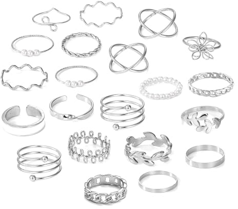 21 Stück Ringe Gold Silber Damen Frauen, Boho Goldener Stapelringe Daumenring Fingerring Stapelbarer Knuckle Ringe Blumen Blatt Ring Perlenring Statement Ring Schmuck für Damen Mädchen (Silber Set 2)