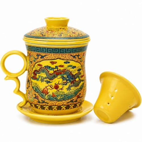 AiXception Royal Dragon Ceramic Tea Infuser Mug with Lid and Saucer, Imperial Yellow Porcelain Steeping Cup, 350ml Traditional Chinese Fine China Tea Set with Removable Filter, 4-Piece