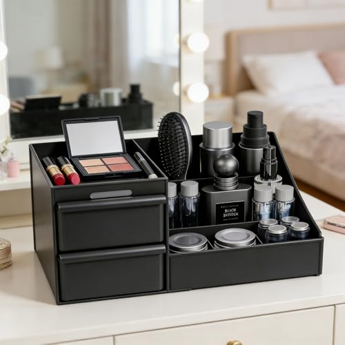 HONMINHUA Make up Organiser with Drawer, Black Cosmetic Organiser for Men, Skincare Storage Box for Vanity Desk, Perfume Stand for Bedroom and Bathroom, Mens Accessories