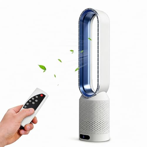 XOQUAI Ventilador Torre Silencioso, Ventilador Sin Aspas,Función de Temporizador, 8 Velocidades y Oscilación de 90°, Pantalla Táctil LED y Control Remoto,Lones Negativos Purificadores14.5×58CM (Azul)