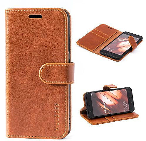 Mulbess Handytasche für Huawei P10 Hülle, Ledertasche mit Bookstyle, Standfunktion, Kartenfächern Handyhülle, Vintage Cognac Braun