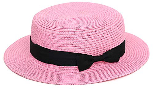 Elonglin - Cappello da donna e ragazza e ragazzo, con fiocco, in paglia, traspirante, ad asciugatura rapida, estivo, in vacanza Rosa chiaro Small