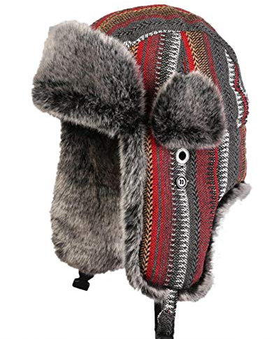 Insun Unisex Fliegermütze Warme Trappermütze Wintermütze Fellmütze Erwachsenen Winter Mütze für Herren und Damen Streifen Rot Grau XL Hut Umfang 58cm