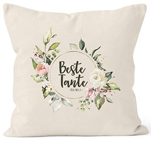 MoonWorks Kissen-Bezug Beste Tante der Welt Watercolor Geschenk Kissen-Hülle Deko-Kissen Baumwolle Natur Unisize
