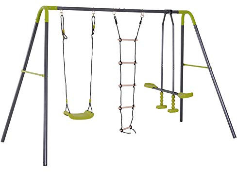 HOMCOM Balançoire 3 agrès portique avec balançoire, échelle et Face à Face dim. 2,95L x 1,38l x 1,75H m métal époxy anticorrosion PE Gris Anthracite Vert Pomme