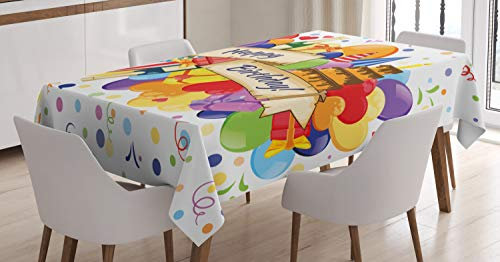 ABAKUHAUS Bunt Tischdecke, Getränke Kuchen Luftballons, Pflegeleicht mit Modernster Druck Technologie Waschbar und Personalisiert, 140 x 200 cm, Gelb Rot Blau