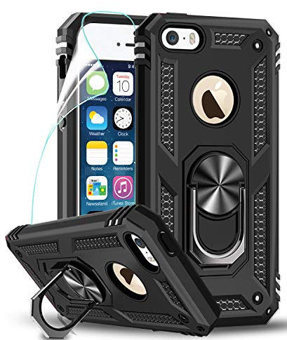 LeYi iPhone SE (2016 Edition) Case,iPhone 5S/5 Case with Ring Holder, Full Body Protective Silicone TPU Shockproof Tough Armour Phone Cover and Screen Protector for Apple iPhone SE 2016/5S/5 Black