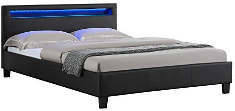 IDIMEX Lit LED Double 140x190 cm avec sommier, tête de lit Confortable, lit 1 Place revêtement synthétique Noir, Pinot