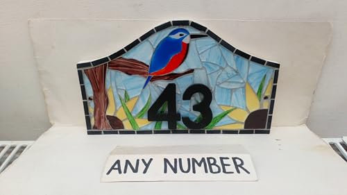 Kingfisher Glass Mosaic House Number Plaque Plate Door Sign