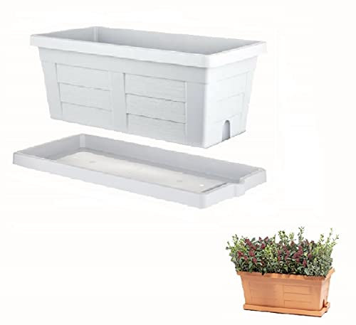bama FIORIERA Effetto Legno in Resina CM.80X40X34H + SOTTOFIORIERA CM.80 Bianco Ghiaccio Piante Fiore Vaso + Omaggio Come da Foto
