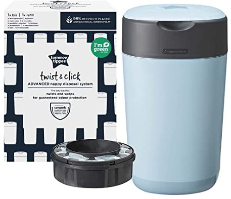 Tommee Tippee Twist & Click Advanced Windeleimer, Umweltfreundlicheres System mit 1 Nachfüllkassette mit Nachhaltig Bezogener Antibakterieller GREENFILM-Folie, Blau