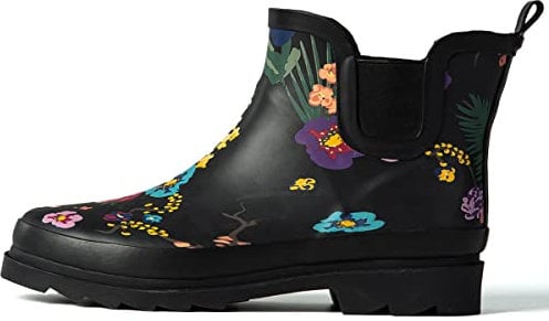 GUGUMIMI Kurz Gummistiefel Damen – Wasserdichte, Rutschfeste Gummistiefel für Regen, Schnee & Matsch, Bequeme Regenschuhe für Damen, Schwarze Blumen, 39 EU
