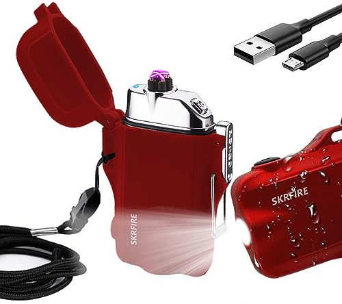 Briquet Electrique tempête étanche à Double Arc électrique avec Lampe de Poche LED, Rechargeable par USB, Briquets Plasma sans Flamme avec Cordon pour Le Camping, la randonnée (Rouge)