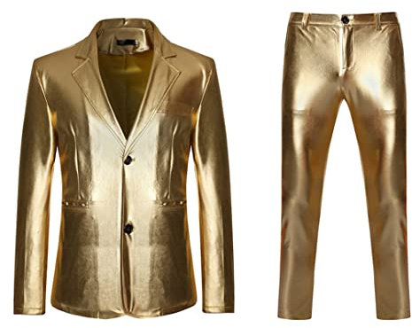 Abigprofit Herren Shiny Gold Metallic Glitzer Anzug Nachtclub Slim Fit Einreiher Anzüge Mit Hose Gold M