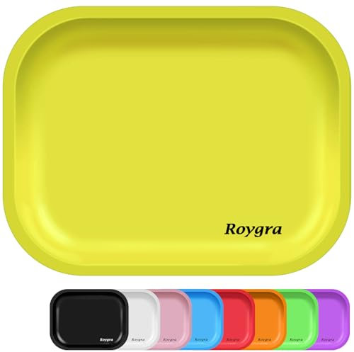 roygra Rolling Tray, Small Metal Tray, Cigarette Pre Roll Smoking Accessories, Portable Matte Rolling Trays for Smokers, Home Table Decor, Patio Decorations, 7 x 5.5 inch - Yellow