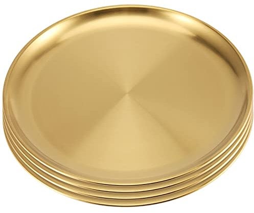 JOIKIT 4 Pack 12 Inch Gold Stainless Steel Plate, Round Metal Dinner Plates, Kitchenware Dinner Dishes Serving Tray Large Camping Plates for BBQ, Snack, Food Serving, Dishwasher Safe