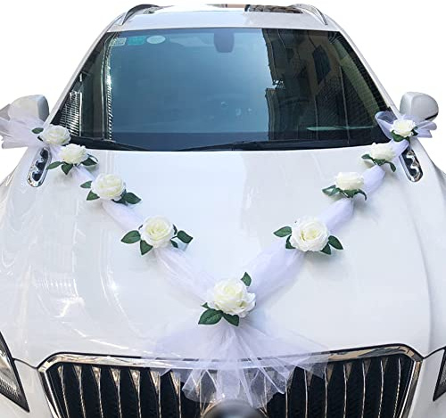 BYNYXI Autoschmuck Hochzeit Blumen, Auto Schmuck Braut Paar Rose Deko Auto Wedding Deko Car Wedding Girlande für Brautauto Schmuck Hochzeitsdeko Brautwagen Rose Autoschmuck Hochzeit Dekoration,160cm