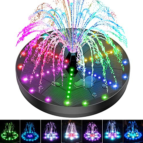 GAIZERL Fontaine solaire 2023, 4 W, fontaine à eau solaire avec 7 buses et 4 fixations, 4000 batteries, lumières LED colorées pour jardin, piscine, étang et décoration extérieure