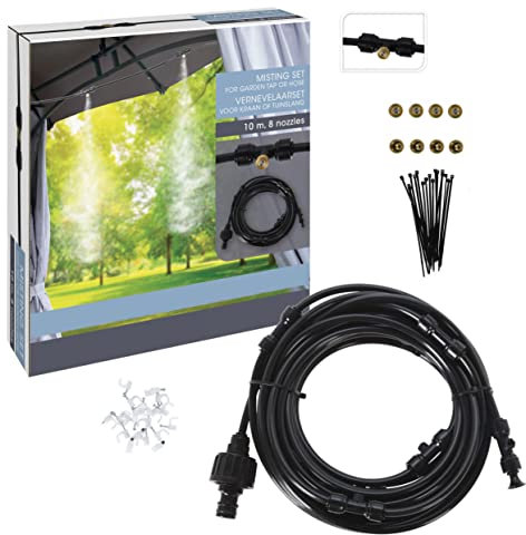 Juego pulverizador de agua para refrigeración - 10 m / 8 boquillas - agua nebulizada para refrigeración de jardines y terrazas - pulverizador de agua nebulizada sistema de riego de plantas