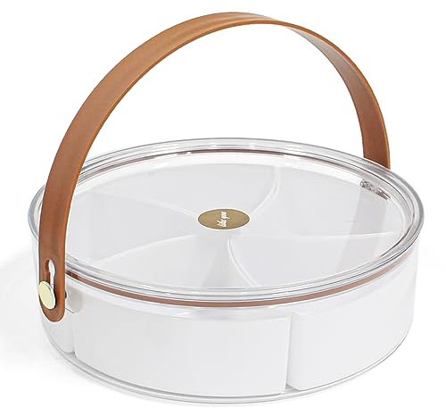 Vassoio da portata rotondo trasparente con coperchio e manico, vassoio portatile per snack e frutta con 5 scomparti, contenitore per alimenti, contenitore per il pranzo, snack, caramelle, frutta