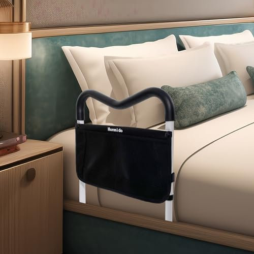 Rieles de cama para adultos mayores con alturas ajustables, bolsillo de almacenamiento, soporte lateral, barandillas para personas mayores, deslizamientos debajo del colchón, barras protectoras de