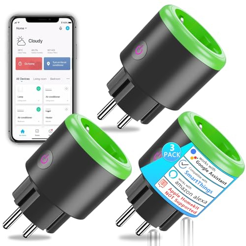 SURFOU Wlan Alexa Steckdose 3er-Pack, Smart Plug, Funktioniert mit Alexa, Google Home und SmartThings, App Fernbedienung, Sprachsteuerung, Stromverbrauch Messen, Zeitplan, 16A, Nur 2,4GHz WiFi