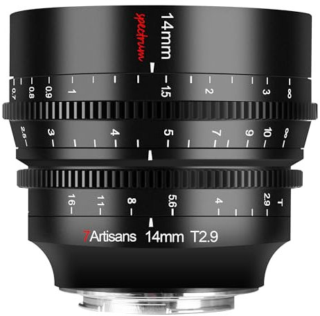 7Artisans 14mm T2.9 Crame Complète 114°Lentille Large Angle,Compatible pour Sony A7 série A7R A75 A7SII A9 A7C A1,Noir
