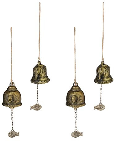 Relaxdays Windspiel Glocken, 4er Set, Feng Shui Glockenspiel, buddhistische Motive, Garten, Metall, Klangspiel, Gold