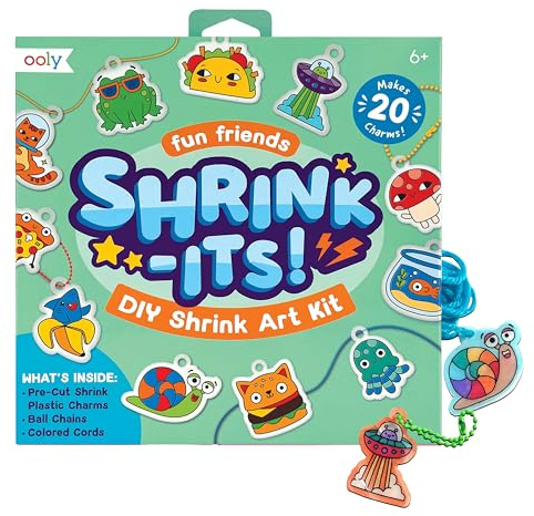 Ooly 28 PC DIY Shrinking Art Kit for Kids, 20 Plastic Pre Cut Charms and More, No Mess Creative Activity Jewelry Making Kit - Fun Friends