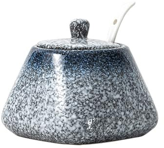 Ceramic Sugar Bowl, 430ml Sugar Pot with Lid and Spoon, Spice Jar for Salt, Coffee, Tea, Condiment Containers Seasoning Box for Home Kitchen Coffee Bar - Blue