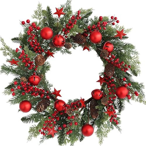 Hometrance Rote Weihnachtskränze für Haustür, 50,8 cm, Weihnachtskranz mit Glocken, Kugeln, Beerensternen für Fenster, Outdoor, Outdoor, künstlicher rustikaler Weihnachtskranz für
