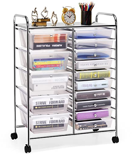 GOPLUS Desserte à roulettes avec 15 Tiroirs en Plastique Coulissant, Cadre en Fer, 63x37x87CM, Chariot de Rangement à roulettes, 2 avec Frein, Poignée Latéral, pour Chambre, Bureau (Transparent)