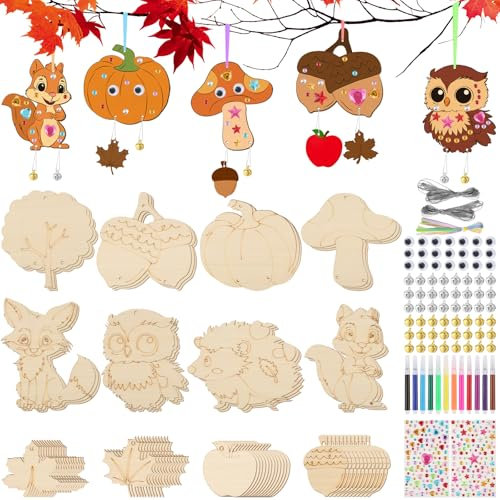 72 Stück Windspiel Bastelset Kinder, Hölzerne Malerei Windspiel Basteln, Herbst Basteln für Kinder, Windspiel Kinder Bastelset Herbstdeko Geburtstag Geschenke für Jungen Mädchen, Urlaub Handwerk