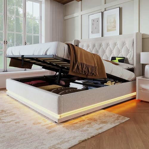 Dolamaní Doppelbett 180x200 cm Modern mit Stauraum, Boxspringbett mit Bettkasten Polsterbett, Polster Kopfteil, Funktionsbett, Stauraumbett, Beige-Baumwolle