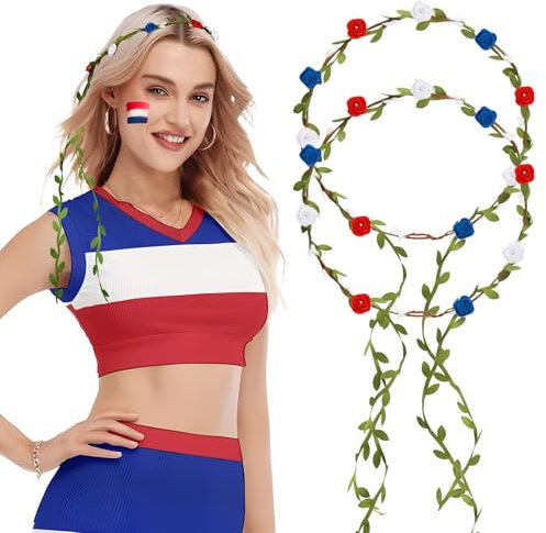 BETESSIN 2Pcs Haarreif Frankreich Blumenkranz Haare Blumenkrone Damen Mädchen Fußball EM 2024 Frankreich Fanartikel Blumen Haarschmuck Haarband Rosen Stirnband mit Blättern Blau Weiß Rot