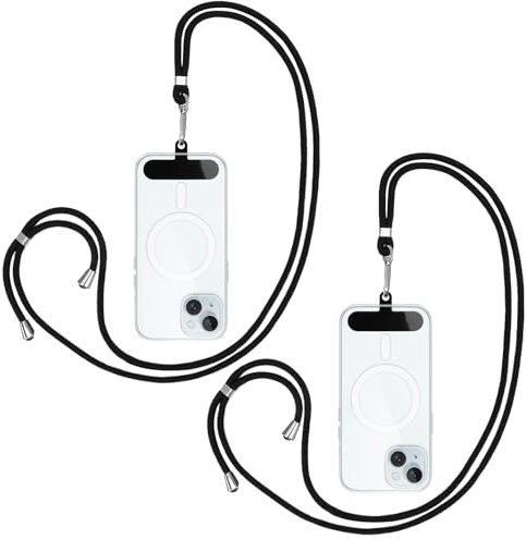 SRLWMYI 2pcs Cuerda para Móvil Ajustable Universal 2Parches Duraderos Colgante para Movil Cuerda Movil Colgar Compatible con Todos los Teléfonos Inteligentes y la Mayoría de Fundas - Negro