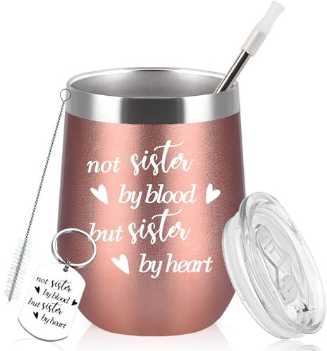 Diztoud Geschenke für Beste Freundin, Schwester Weihnachtsgeschenke, Not Sister By Blood But Sister By Heart, 12oz 350ml Doppelwandig Edelstahl Weinbecher mit Deckel und Strohhalm, Schlüsselanhänger
