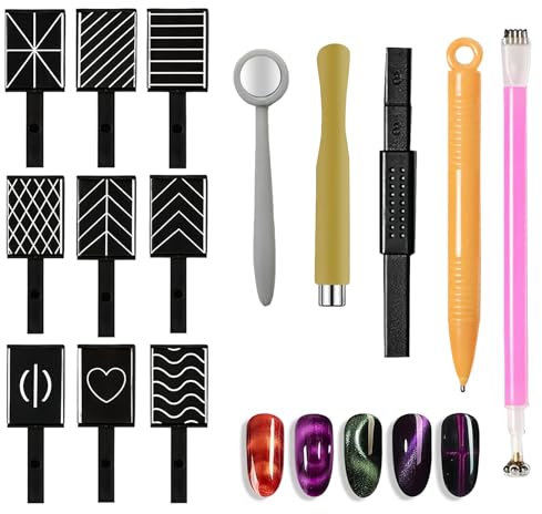 Nail Art Werkzeug Magnetstift, 14-teilig Nagel Magnet Stift Stick Tool Set, Magic 3D Cat Eye Gel Pulver Nagellack, DIY Magnetische Stift Katze für Katzenauge UV Gel Polnisch Nagel Kunst